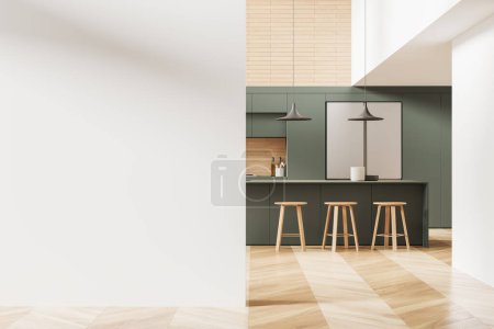 Téléchargez les photos : Modern home kitchen interior with bar counter and stool, cabinet with refrigerator. Eating and cooking space, hardwood floor. Mockup copy space wall partition. 3D rendering - en image libre de droit