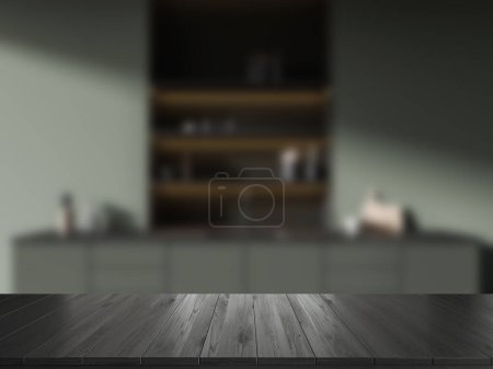 Foto de Black wooden countertop on blurred background of green kitchen interior, sink and kitchenware on shelf. Mock up copy space for product display. 3D rendering - Imagen libre de derechos