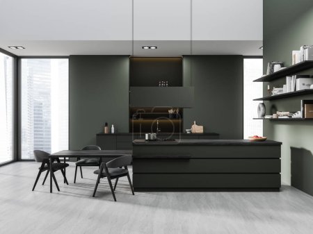 Foto de Dark home kitchen interior with eating table and chairs, bar counter with shelf and kitchenware. Stylish cooking space with panoramic window on Singapore skyscrapers. 3D rendering - Imagen libre de derechos