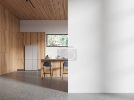 Téléchargez les photos : White home kitchen interior with bar island and stool, wooden cabinet with refrigerator and panoramic window on tropics. Mockup copy space wall partition. 3D rendering - en image libre de droit