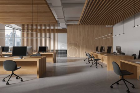 Foto de Stylish wooden business interior with coworking room and pc desktop, table and armchairs in row. Lounge zone with partition and panoramic window on Bangkok skyscrapers. 3D rendering - Imagen libre de derechos