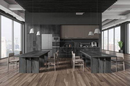Photo for Modern office kitchen interior with wooden tables and chairs in row, hardwood floor. Cooking cabinet with refrigerator and kitchenware. Panoramic window on Singapore skyscrapers. 3D rendering - Royalty Free Image