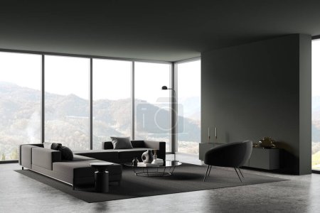 Téléchargez les photos : Dark chill room interior with sofa and armchair, side view coffee table with sideboard and carpet on grey concrete floor. Panoramic window on countryside and mockup empty wall. 3D rendering - en image libre de droit