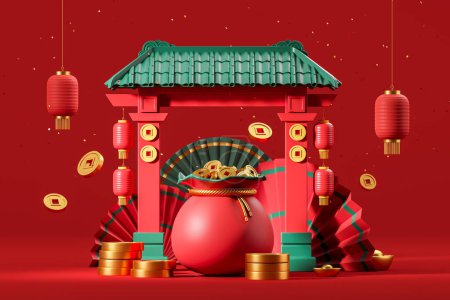 Photo for Asian gates with lanterns and fans, red bag full of chinese golden lucky coins. Traditional holiday or event symbol. Concept of wish, prosperity and fortune. 3D rendering illustration - Royalty Free Image