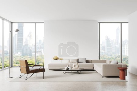 Foto de White chill room interior with sofa and armchair, coffee table with sideboard and carpet on light concrete floor. Panoramic window on Bangkok skyscrapers. Mock up copy space wall. 3D rendering - Imagen libre de derechos