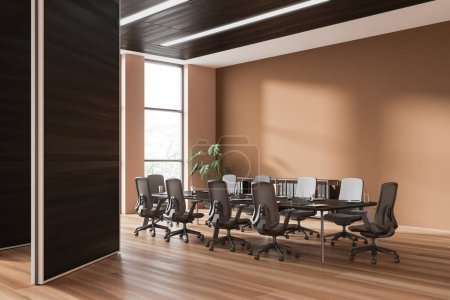 Foto de Stylish business interior with meeting table and armchairs, side view sideboard with documents on hardwood floor. Conference corner and panoramic window on tropics. 3D rendering - Imagen libre de derechos