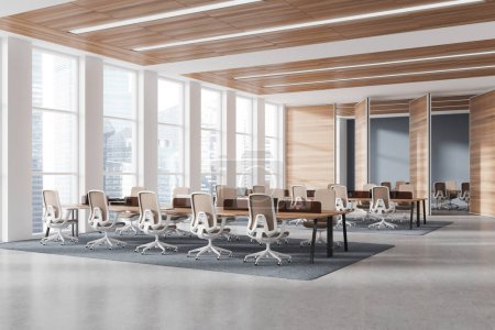 Photo for White and wooden office interior coworking corner with laptop on shared desk, armchairs on carpet. Conference space behind wooden sliding doors, panoramic window on skyscrapers. 3D rendering - Royalty Free Image