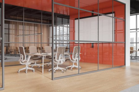 Téléchargez les photos : Orange conference room interior with armchairs and table, side view hardwood floor. Office minimalist furniture and mock up projection screen. Panoramic window on skyscrapers. 3D rendering - en image libre de droit