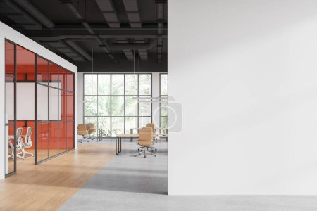 Téléchargez les photos : Modern office room interior with coworking and conference space, concrete and hardwood floor. Business furniture and mock up projection screen. Panoramic window on tropics. 3D rendering - en image libre de droit