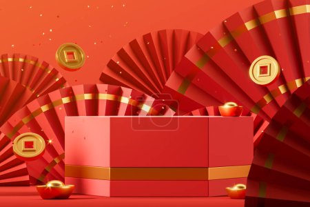 Foto de Red big gift box with golden ribbons on floor surrounded by Chinese fans, lanterns and qians. Concept of Chinese New Year celebration. 3d render, illustration. - Imagen libre de derechos
