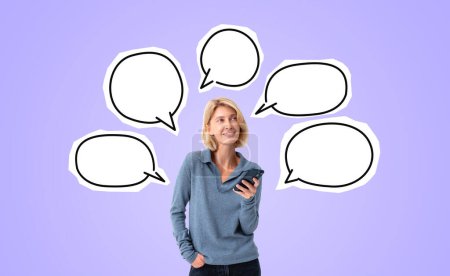 Photo for Dreaming young woman with smartphone in hand, copy space thought bubbles in row on purple background. Concept of online communication, chat and opinions - Royalty Free Image