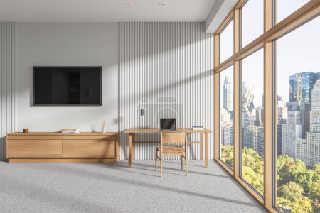 Foto de White home bedroom interior with work desk, tv display and console. Workspace with laptop and chair on carpet. Panoramic window on New York skyscrapers. 3D rendering - Imagen libre de derechos