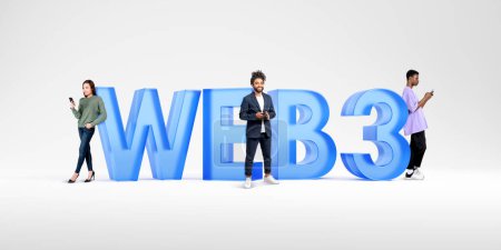 Photo for Diverse group of people standing near big web3 sign over white background. Concept of new generation of internet and innovative technology - Royalty Free Image