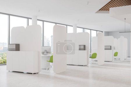 Photo for Corner view of office interior with seats and pc desktop, side view drawer on light concrete floor. Office business workspace and panoramic window on Bangkok skyscrapers. 3D rendering - Royalty Free Image