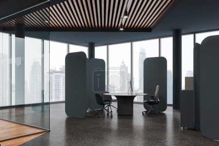 Photo for Corner view of dark bank interior with consulting space with pc desktop, glass room and divider. Client service space with panoramic window on Bangkok skyscrapers. 3D rendering - Royalty Free Image