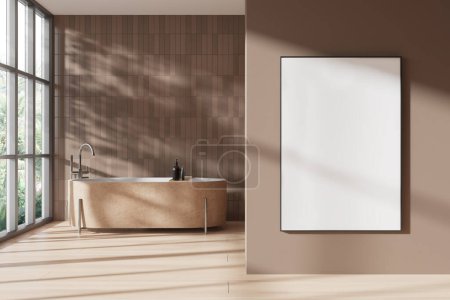 Téléchargez les photos : Confortable intérieur de salle de bain d'hôtel avec baignoire en céramique beige avec accessoires, fenêtre panoramique sur les tropiques. Espace de bain élégant avec mur de tuiles. Affiche sur toile maquillée sur cloison. rendu 3D - en image libre de droit
