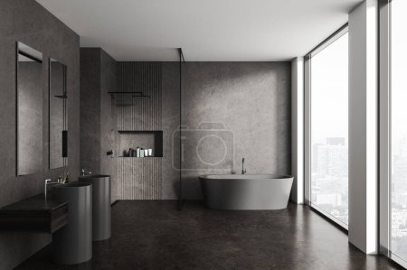 Photo for Dark home bathroom interior with bathtub and shower with glass partition, double sink with mirrors and accessories. Bathing space with panoramic window on Paris city view. 3D rendering - Royalty Free Image