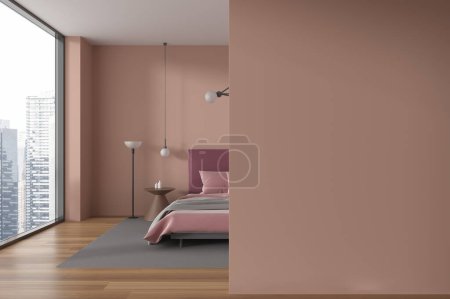 Foto de Interior de un elegante dormitorio con paredes de color beige, suelo de madera, cómoda cama king size con cubierta roja y espacio de copia de la pared a la izquierda. renderizado 3d - Imagen libre de derechos