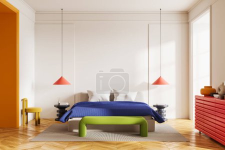 Photo for Bright hotel bedroom interior with bed and bench on carpet, sideboard on hardwood floor. Sleep room with panoramic window. Mockup empty wall. 3D rendering - Royalty Free Image