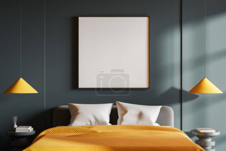 Foto de Casa verde dormitorio cama interior y mesita de noche con decoración, manta amarilla y lámparas. Elegante sala de relax minimalista con maqueta de póster de lona cuadrada. Renderizado 3D - Imagen libre de derechos