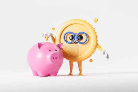 Photo for Cartoon character coin putting a gold coin into piggy moneybox, light background. Concept of savings and accumulation of income. 3D rendering illustration - Royalty Free Image