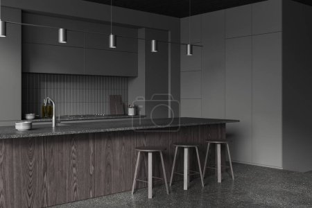 Téléchargez les photos : Intérieur de cuisine sombre avec îlot de bar et tabouret, armoire avec ustensiles de cuisine et vaisselle. Coin repas et cuisine, sol en granit gris. rendu 3D - en image libre de droit