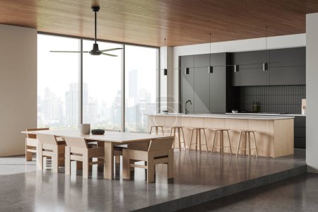 Photo for Modern home kitchen interior with bar island and stool, side view wooden dining table with chairs. Cooking cabinet with panoramic window on Bangkok skyscrapers. 3D rendering - Royalty Free Image