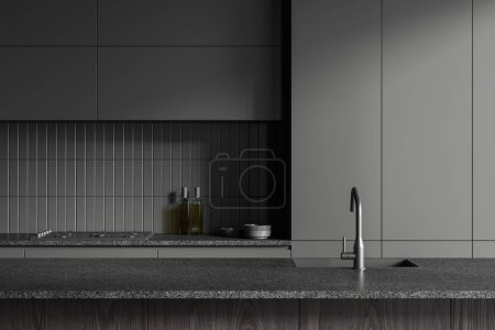 Photo for Dark home kitchen interior with sink and stove, dishes and plates on counter. Closeup of bar island with sink, minimalist cooking area in modern apartment. 3D rendering - Royalty Free Image