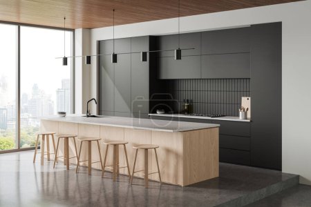 Photo for Stylish home kitchen interior with bar island and stool, side view cabinet with kitchenware. Eating and cooking corner, panoramic window on Bangkok skyscrapers. 3D rendering - Royalty Free Image