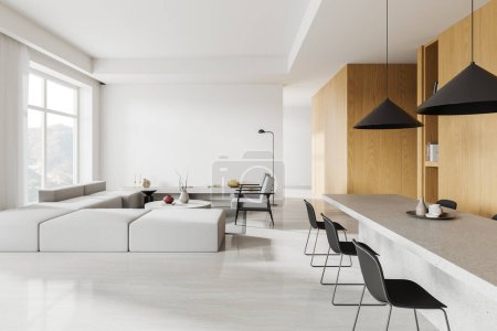 Photo for White and wooden studio interior with relaxing and dining space, bar island and kitchenware, carpet on light concrete floor. Panoramic window on countryside view. 3D rendering - Royalty Free Image