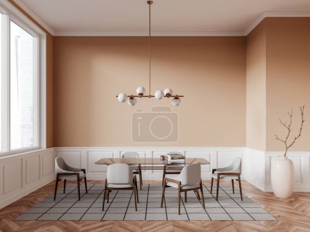 Foto de Moderno hogar clásico salón interior con mesa y sillas, alfombra en piso de madera. Elegante sala de reuniones o comedor con ventana panorámica a los rascacielos. Renderizado 3D - Imagen libre de derechos