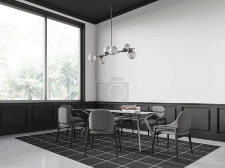 Téléchargez les photos : Vue en angle de la maison minimaliste salon intérieur avec table et chaises, tapis sur sol en béton léger. Espace de réunion ou salle à manger élégant avec fenêtre panoramique sur les tropiques. rendu 3D - en image libre de droit