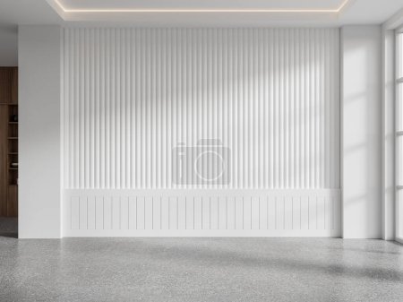 Téléchargez les photos : Maison moderne salon avec sol en granit gris, chambre vide avec mur blanc et éclairage au plafond, fenêtre panoramique. Pas de meubles, pas de gens. rendu 3D - en image libre de droit