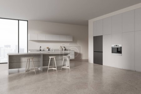 Photo for Corner view of stylish home kitchen interior bar counter, cabinet, fridge and minimalist kitchenware with sink and oven. Panoramic window on Paris skyscrapers. 3D rendering - Royalty Free Image