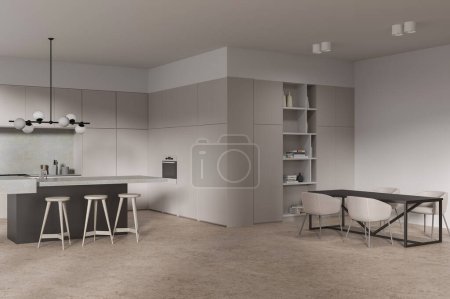 Foto de Esquina de elegante cocina con paredes beige, suelo de hormigón, armarios y armarios beige, acogedora isla con taburetes y cómoda mesa de comedor con sillas. renderizado 3d - Imagen libre de derechos