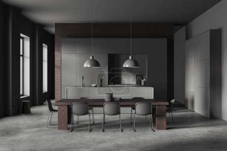 Photo for Dark home kitchen interior with eating table, bar island and shelves on grey concrete floor. Cooking space in modern apartment with panoramic window. 3D rendering - Royalty Free Image