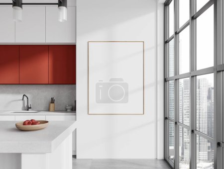 Photo for Close up of stylish kitchen interior with white walls, concrete floor, red cupboards, white cabinets, comfortable island and vertical mock up poster frame. 3d rendering - Royalty Free Image