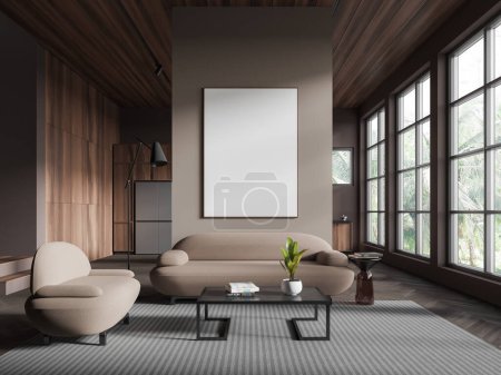 Foto de Estudio interior de madera marrón con sofá y mesa de centro, alfombra en suelo de madera. Sala de estar y zona de cocina, ventana panorámica a los trópicos. Mock up cartel de lienzo en blanco. Renderizado 3D - Imagen libre de derechos