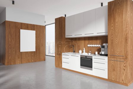 Photo for Wooden and white home kitchen interior with cabinet, side view shelves on light concrete floor, sink and oven. Panoramic window on skyscrapers. Mockup empty canvas poster. 3D rendering - Royalty Free Image
