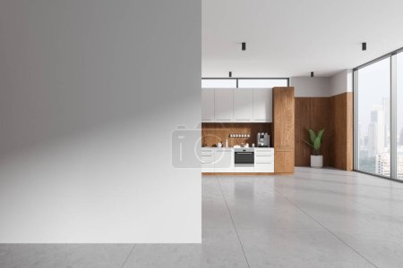 Photo for White office kitchen interior cabinet on tile concrete floor. Wooden shelves with minimalist kitchenware and oven. Panoramic window on city skyscrapers. Mock up empty wall partition. 3D rendering - Royalty Free Image