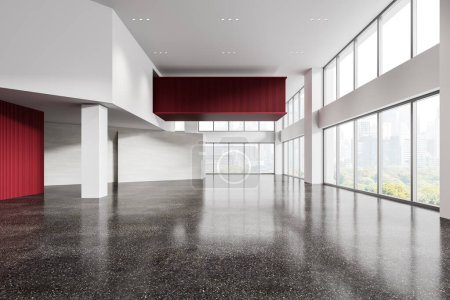 Photo for Interior of modern empty office hall with white and red walls, concrete floor, white columns and panoramic window. 3d rendering - Royalty Free Image