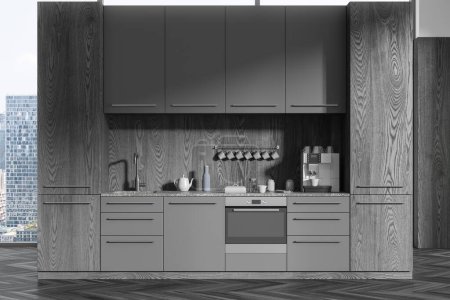 Téléchargez les photos : Armoire intérieure moderne de cuisine de bureau sombre sur plancher de bois franc. Étagères en bois avec ustensiles de cuisine minimalistes et four. Fenêtre panoramique sur les gratte-ciel. rendu 3D - en image libre de droit