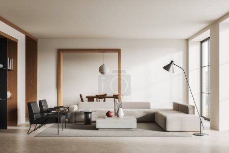 Foto de Interior de la moderna sala de estar con paredes blancas y de madera, suelo de hormigón, cómodo sofá gris y sillón de pie cerca de la mesa de centro cuadrada. renderizado 3d - Imagen libre de derechos