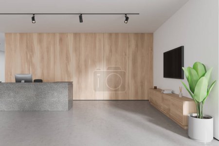Photo for Minimalist office lobby interior with stone reception desk and pc computer, drawer with decoration and tv display. Information, registration and client space. 3D rendering - Royalty Free Image
