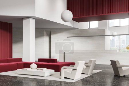 Foto de Esquina de la moderna sala de espera de la oficina con paredes blancas y rojas, suelo de hormigón, cómodo sofá rojo y sillones blancos de pie cerca de la mesa de café. renderizado 3d - Imagen libre de derechos