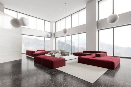 Téléchargez les photos : Salon de bureau blanc intérieur avec canapé modulaire rouge et table basse, tapis sur sol granit gris. Fenêtre panoramique sur vue campagne. rendu 3D - en image libre de droit