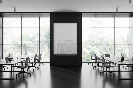 Téléchargez les photos : Intérieur de bureau noir et blanc avec fauteuils, bureau avec ordinateurs portables au sol en béton. Fenêtre panoramique sur les tropiques. Affiche en toile maquillée. rendu 3D - en image libre de droit