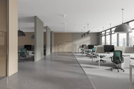 Téléchargez les photos : Intérieur du bureau de coworking moderne avec murs beige et gris, sol en béton et rangées de tables d'ordinateur avec chaises vertes. Rendu 3d - en image libre de droit