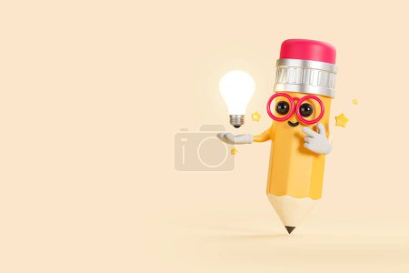 Téléchargez les photos : Crayon personnage de bande dessinée tenant une ampoule lumineuse à la main, fond vide d'espace de copie beige. Concept d'inspiration, start-up, créativité et connaissance. Illustration de rendu 3D - en image libre de droit