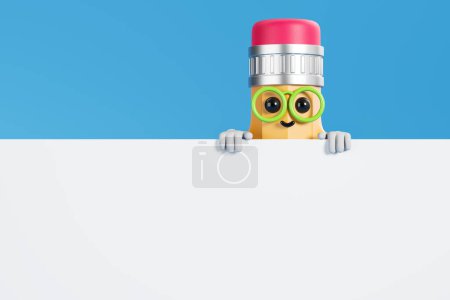 Photo for Cute yellow pencil standing near horizontal mock up poster over blue background. Concept of advertising and product placement. 3d rendering - Royalty Free Image
